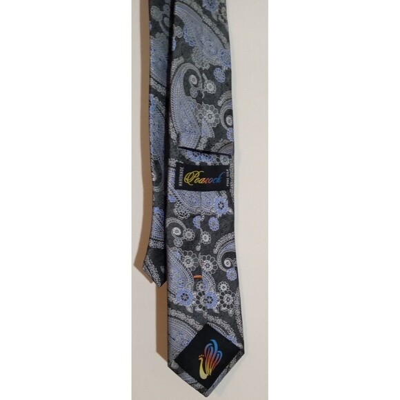 Peacock Men's Tie Handmade Pure Silk Blue/Silver Paisley Print Elegant, LNC Nice - Picture 2 of 3